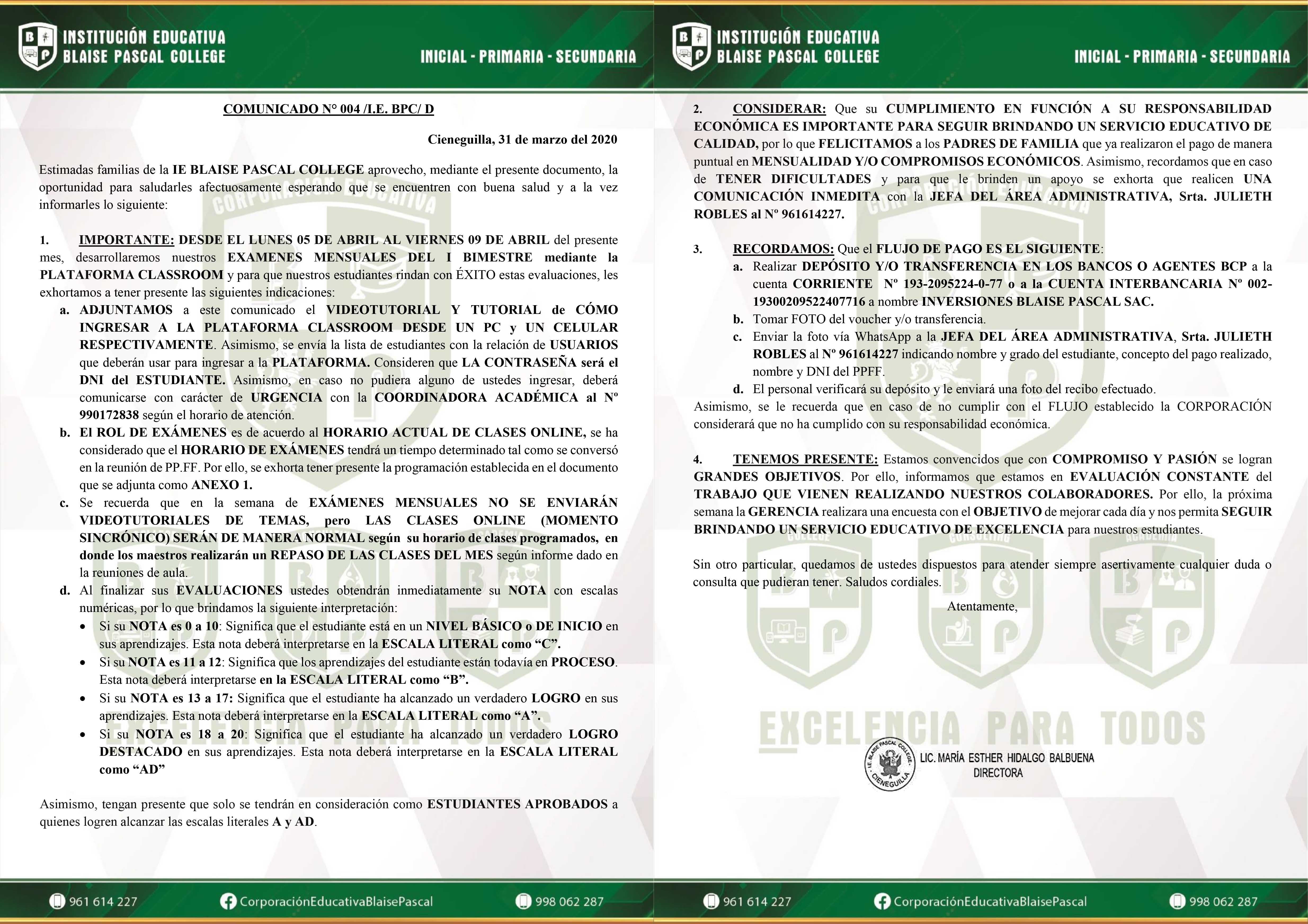COMUNICADO N° 004 /I.E. BPC/ D